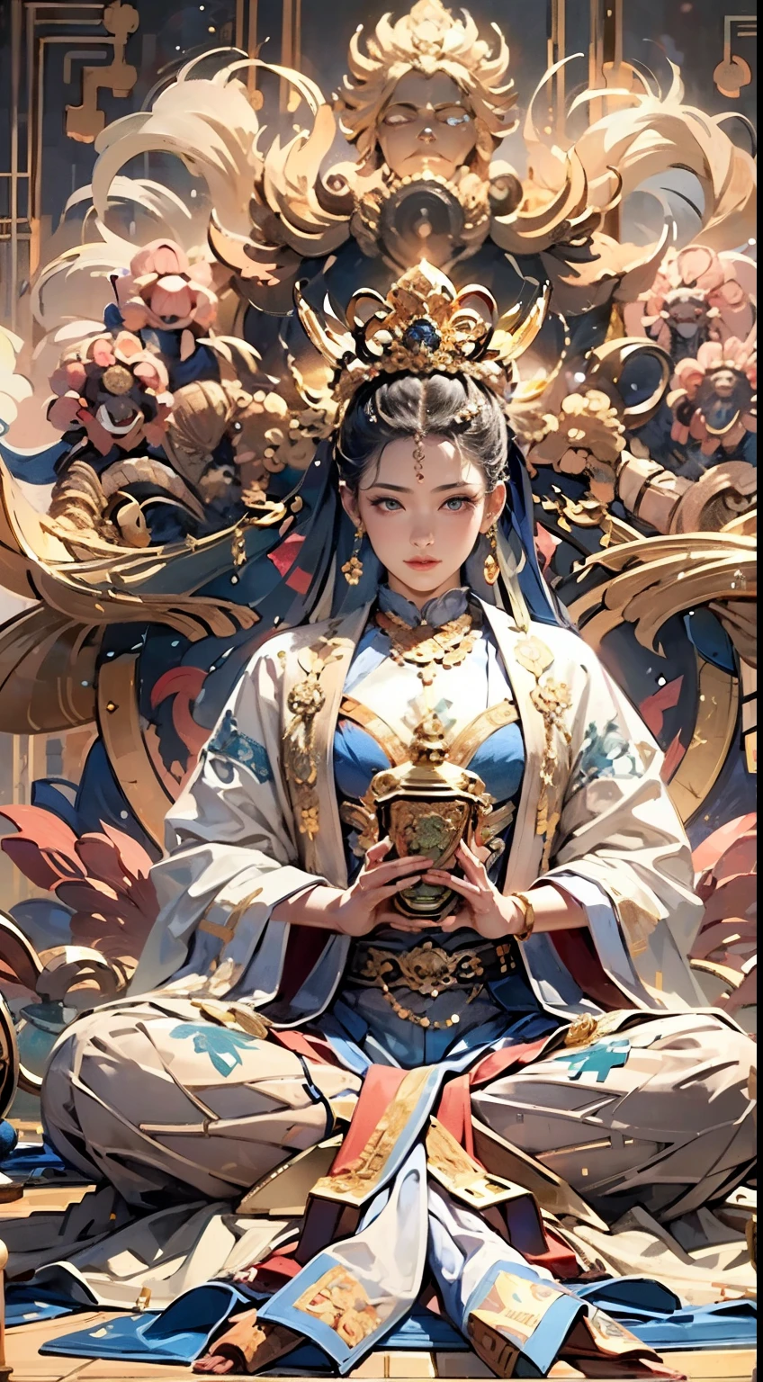 (Chinese immortals), (Buddhism), Multip_Handythological stories), (bodhisattva), She sits on a lotus, (Three hands on the left,Three hands on the right, Each hand holds a different Buddhist vessel, left right symmetry),(Delicate and beautiful face), (White silk robe)sitting on a lotus flower, Frontal photo,Light smile, neo-classical, OP Art, Chiaroscuro, Cinematic lighting, god light, Ray tracing, character sheets, projected inset, first person perspective, hyper HD, Masterpiece, ccurate, Textured skin, Super detail, High details, High quality, Award-Awarded, Best quality, A high resolution, 8K