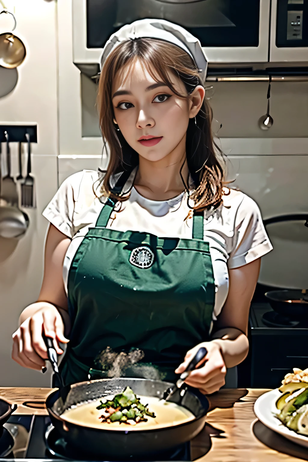 (highres,masterpiece:1.2),ultra-detailed,realistic,photorealistic:1.37,beautiful detailed eyes,beautiful detailed lips,extremely detailed eyes and face,long eyelashes,1girl,cooking,traditional kitchen,wooden stove,flames,apron,chef hat,focused expression,steam,cookbook,spices,sliced vegetables,whisking,smell of delicious food,preparing a feast,culinary art,delicious aromas,creamyy cheese sauce,steaming pots and pans,prep table,wholesome ingredients,elaborate dish presentation,plating,table setting,appetizing colors,culinary masterclass,love for cooking,passion,aroma-filled kitchen,dinner in progress,culinary journey,creating a masterpiece