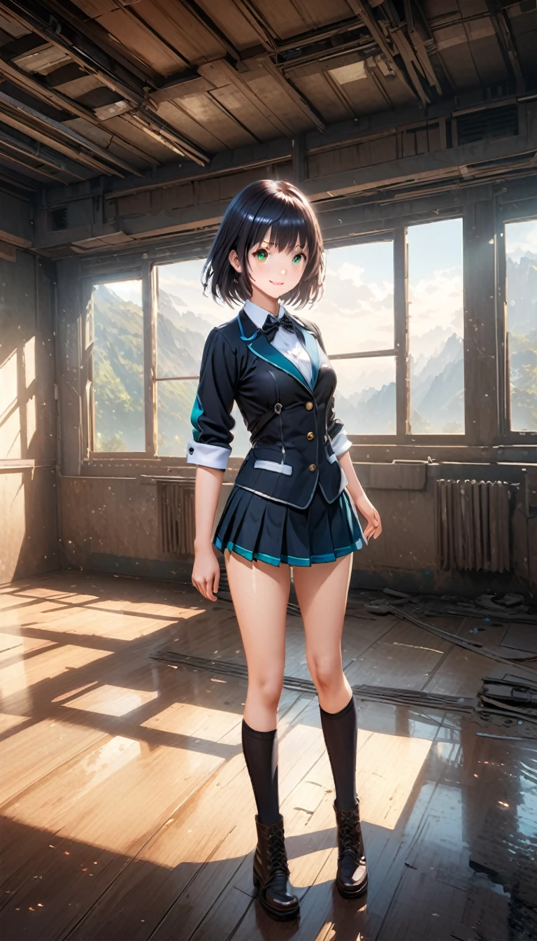 anime girl in standing in front of a classroom, cheerful face, green eyes, black blazer, beautiful anime high school girl, cyber school girl, v-tuber style, a hyperrealistic schoolgirl, realistic schoolgirl, digital anime illustration, hyperrealistic , digital anime art, official artwork, school girl, anime manga robot!! anime girl, detailed digital anime art, advanced digital anime art, smooth anime cg art
