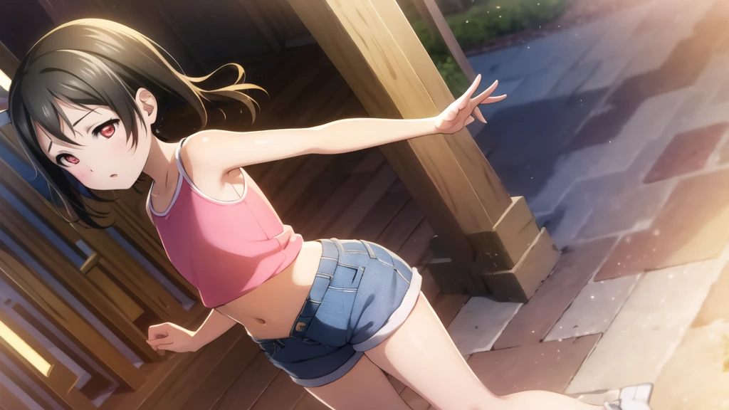 Yazawa nico, Twin tails,Red eyes,((Mid-chest, Tomboy, Small Head)), Dawn, sunlight, (Trained abdominal muscles : 1.1), (Perfect body : 1.1), (Short Wavy Hair : 1.2) , Auburn Hair, collar, Lock, Full Body Shot, Crowded street, Wearing a black tank top, Jeans jacket, ((Shorts)), (Highly detailed CG 8K wallpaper), (Very delicate and beautiful), (masterpiece), (Highest quality:1.0), (ultra High resolution:1.0),  Beautiful lighting ,Perfect Lightning, Realistic Shadows, [High resolution], Detailed skin, Super detailed