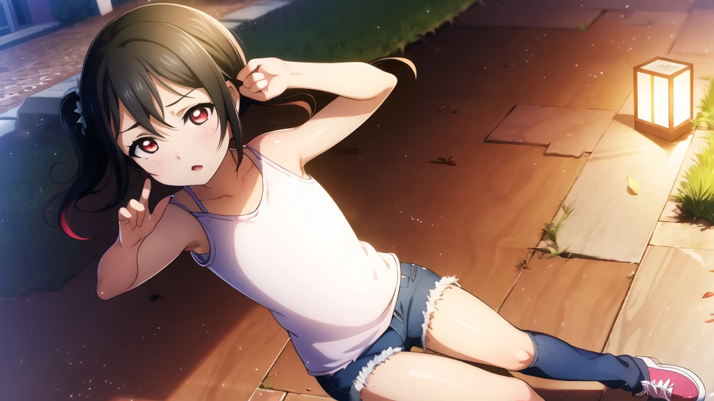 Yazawa nico, Twin tails,Red eyes,((Mid-chest, Tomboy, Small Head)), Dawn, sunlight, (Trained abdominal muscles : 1.1), (Perfect body : 1.1), (Short Wavy Hair : 1.2) , Auburn Hair, collar, Lock, Full Body Shot, Crowded street, Wearing a black tank top, Jeans jacket, ((Shorts)), (Highly detailed CG 8K wallpaper), (Very delicate and beautiful), (masterpiece), (Highest quality:1.0), (ultra High resolution:1.0),  Beautiful lighting ,Perfect Lightning, Realistic Shadows, [High resolution], Detailed skin, Super detailed