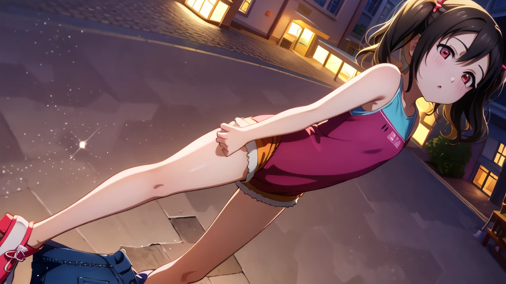 Yazawa nico, Twin tails,Red eyes,((Mid-chest, Tomboy, Small Head)), Dawn, sunlight, (Trained abdominal muscles : 1.1), (Perfect body : 1.1), (Short Wavy Hair : 1.2) , Auburn Hair, collar, Lock, Full Body Shot, Crowded street, Wearing a black tank top, Jeans jacket, ((Shorts)), (Highly detailed CG 8K wallpaper), (Very delicate and beautiful), (masterpiece), (Highest quality:1.0), (ultra High resolution:1.0),  Beautiful lighting ,Perfect Lightning, Realistic Shadows, [High resolution], Detailed skin, Super detailed