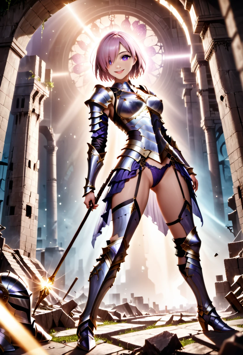 (masterpiece, top quality, best quality, beautiful and aesthetic:1.2), full body, SFW, extremely detailed, detailed face and eyes, cinematic light, depth of field, 1girl, seducing smile, solo, official, (full armored knight:1.4), dark armor, mash kyrielight, light purple hair, short hair, hair over one eye, slim body, cinematic lighting, dramatic lighting, dramatic atmosphere, hyper-realistic, high resolution, stunning contrast, high quality, best quality, 8k, 4k, intricately detailed, (amazing details:1.2), highly detailed skin, powerful presence, vibrant colors, (detailed eyes:1.2), striking eyes, (detailed background), (warzone on background, night, ruins), (dynamic angle:1.2), (dynamic pose:1.2)