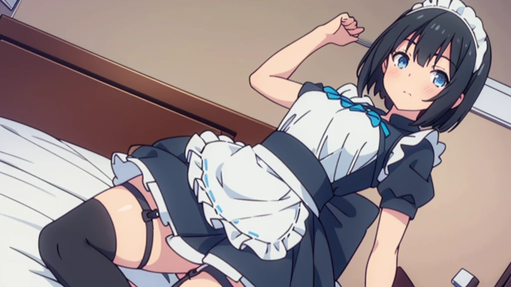 beautiful girl great quality 8k extremely detailed beautiful girl blue eyes short black hair small breasts in maid outfit short skirt with long stockings with garter belt in bedroom