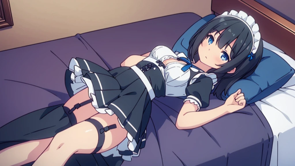 beautiful girl great quality 8k extremely detailed beautiful girl blue eyes short black hair small breasts in maid outfit short skirt with long stockings with garter belt in bedroom 