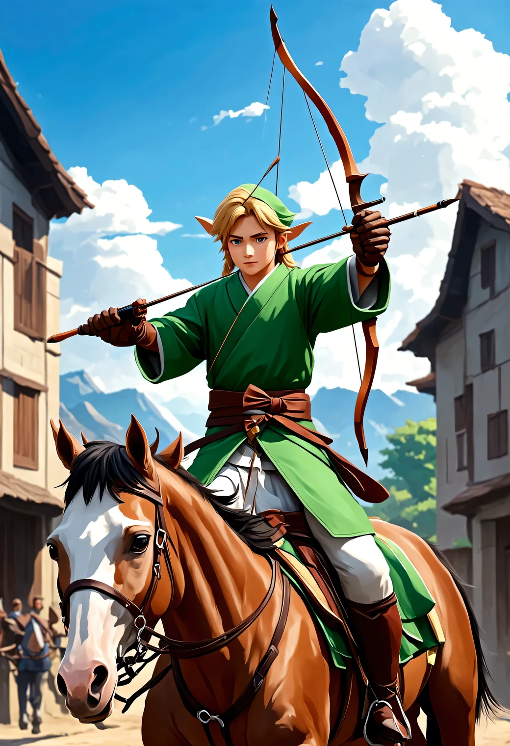 masterpiece, best quality, very aesthetic, absurdres, Archer, 1boy, link, zelda, green kimono, bow and arrow, leather gloves, (Perfect hands, perfect fingers), tense expression, (Horseback archery:1.3) Simple bow, Hold the bow, hold the arrow, draw the bow, (Riding a horse and shooting arrows with a bow), (Riding a horse), Horses on the streets of Edo, wide angle, Look at the tip of the arrow
