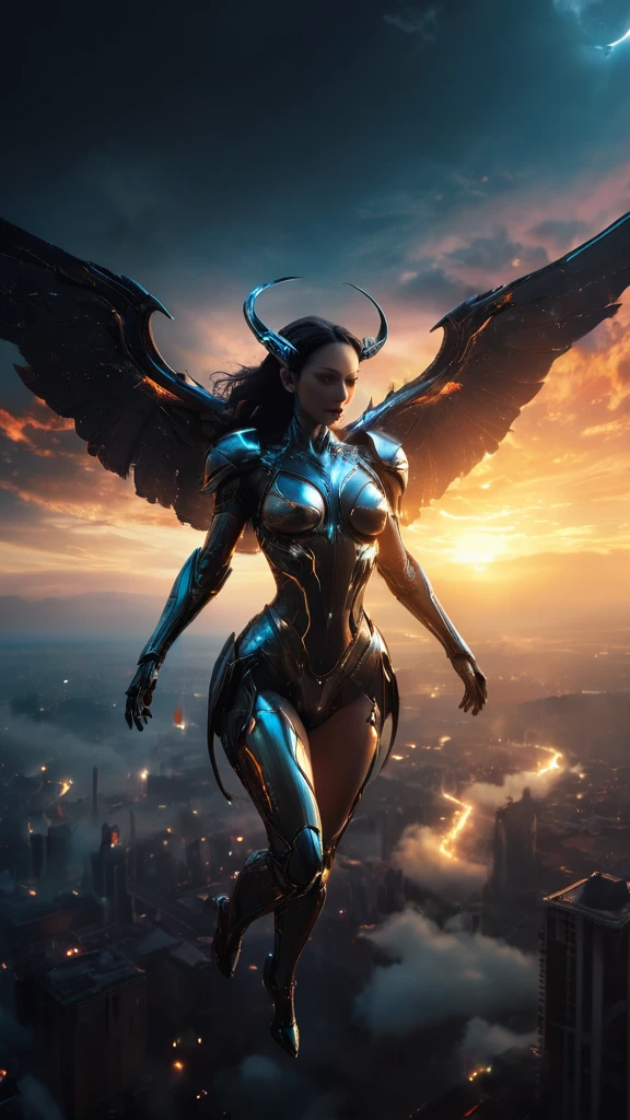 Leviatan and demon woman cyborg flying in a virtual dream of sin for the humanity fallen,The Earth's appearance slightly visible in the light of sunrise,The only light is the sunrise,(highest quality:1.4),(ultra detailed:1.5),High resolution,extremely detailed,unity 8k wallpaper