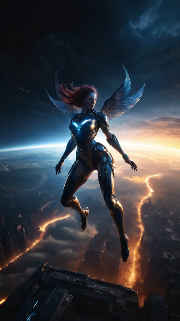 Leviatan and demon woman cyborg flying in a virtual dream of sin for the humanity fallen,The Earth's appearance slightly visible in the light of sunrise,The only light is the sunrise,(highest quality:1.4),(ultra detailed:1.5),High resolution,extremely detailed,unity 8k wallpaper
