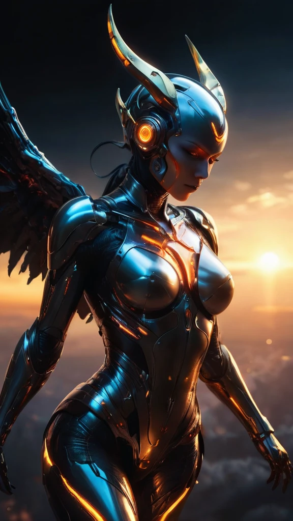 Leviatan and demon woman cyborg flying in a virtual dream of sin for the humanity fallen,The Earth's appearance slightly visible in the light of sunrise,The only light is the sunrise,(highest quality:1.4),(ultra detailed:1.5),High resolution,extremely detailed,unity 8k wallpaper