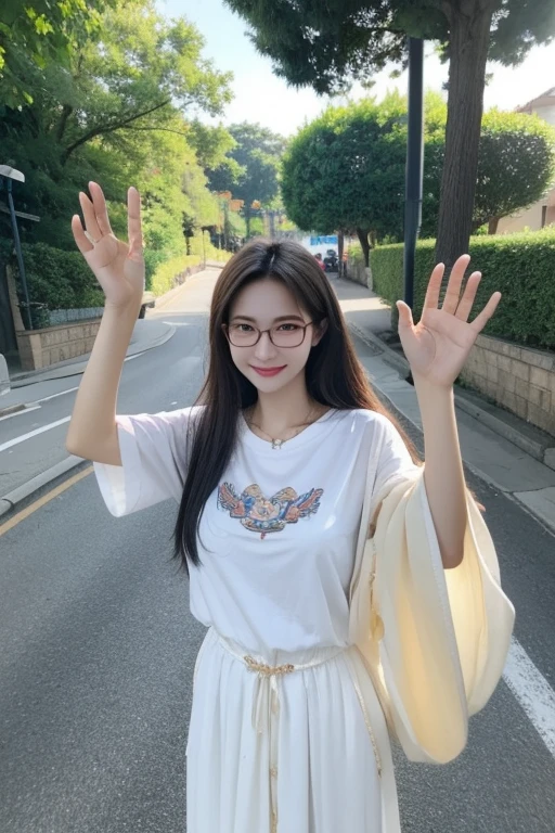 Highest quality、masterpiece、High sensitivity、High resolution、Detailed Description、Slender women、Slim Body、Glasses、Casual clothes、With a wave of hands、They come running up to me with a smile、