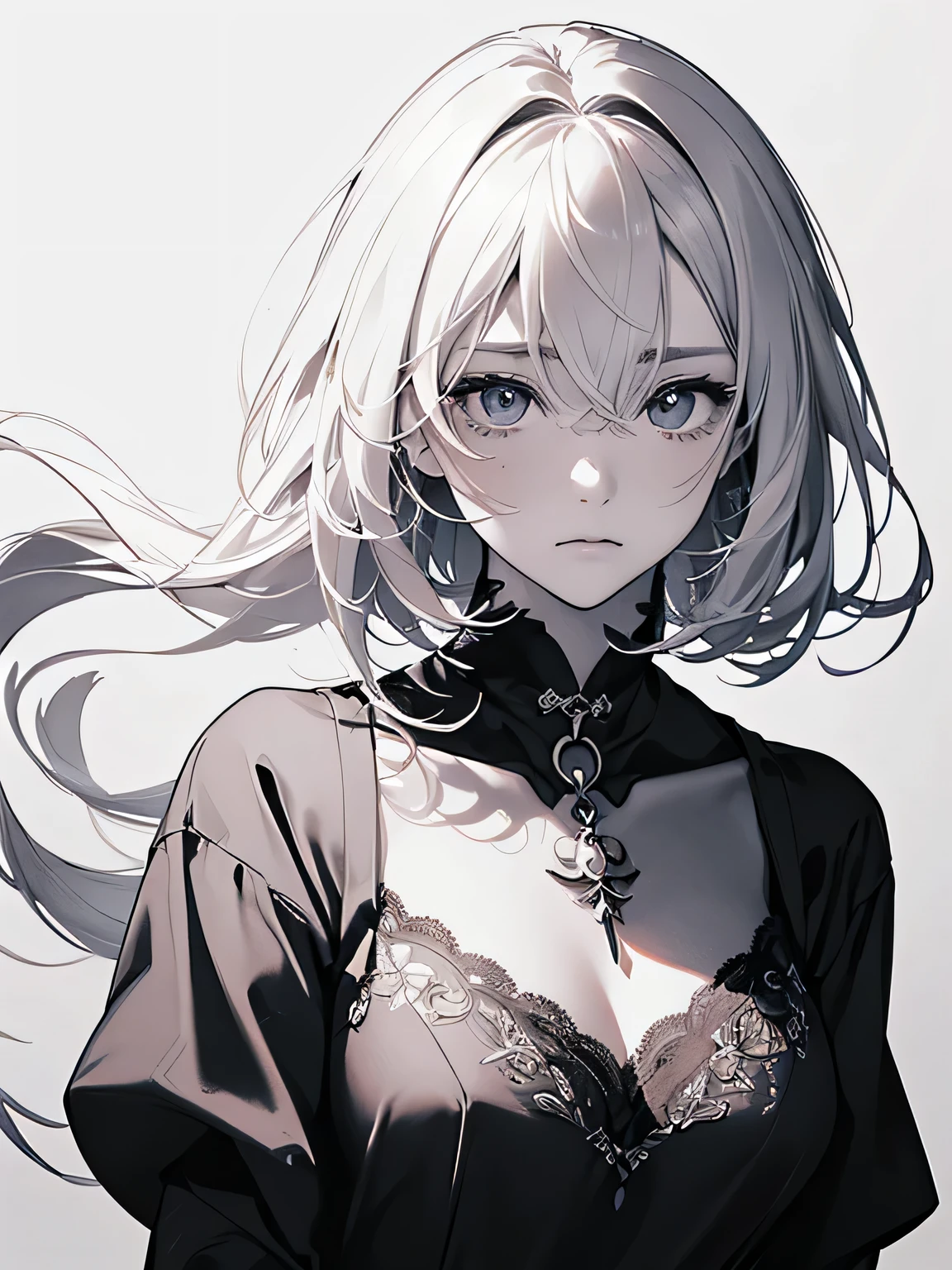 ((monochrome))(Image from chest up:1.4)((masterpiece:1.5,Highest quality,Beautiful images、Sketch、2.5D、Ink Painting、Abstract、Artistic、Portraiture))(1girl, solo)(medium breasts, white hair、bob hair、Beautiful cleavage、Exposing shoulders、Tattoo on shoulder)(Profile Portrait,Gaze sideways、Gaze diagonally、Shake your head、A sad expression, floating hair)(Monotone artistic background)from behind

