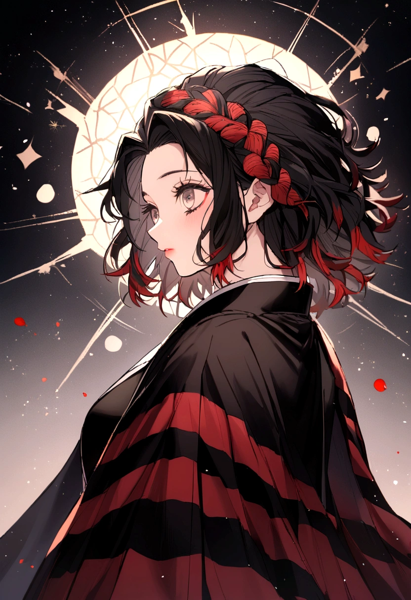 Kimetsu no Yaiba , girl medium hair black color , with red stripes in her hair