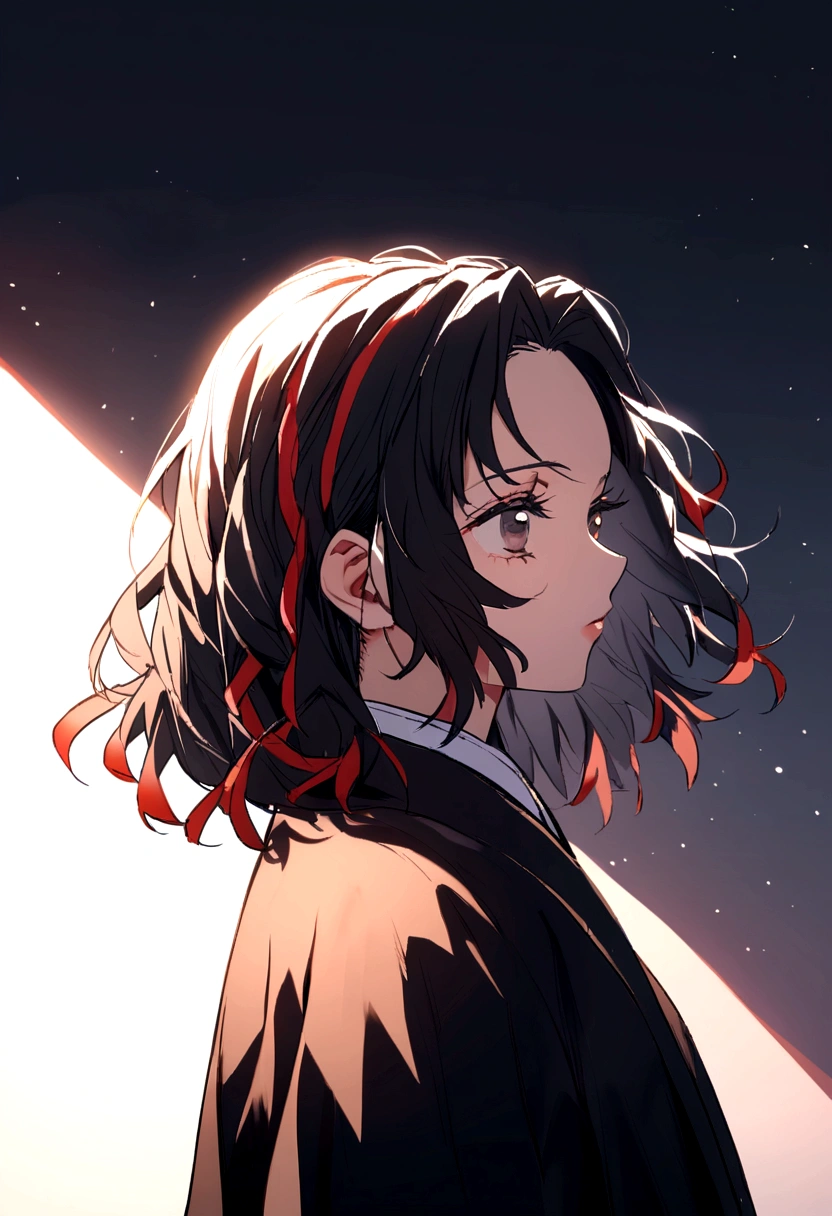 Kimetsu no Yaiba , girl medium hair black color , with red stripes in her hair