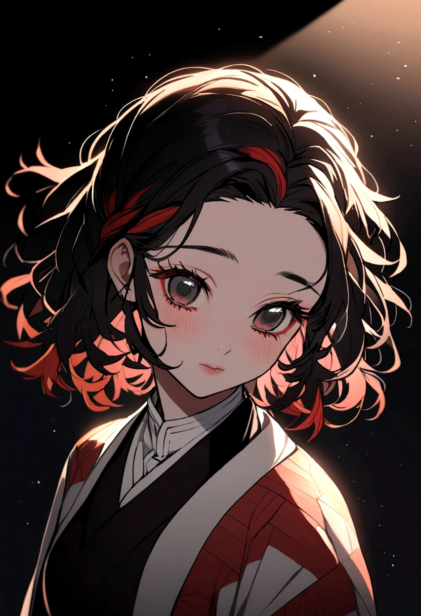 Kimetsu no Yaiba , girl medium hair black color , with red stripes in her hair
