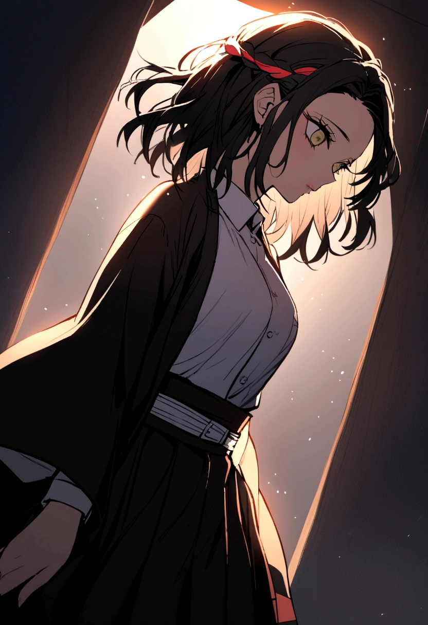 Kimetsu no Yaiba , girl medium hair black color , with red stripes in her hair