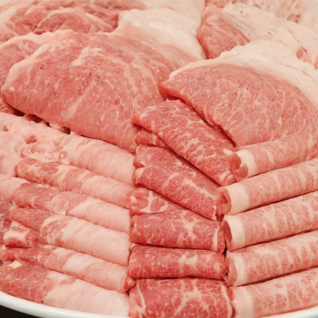 An enticing stack of premium Japanese Wagyu beef slices, meticulously arranged for hot pot, bathed in a focused ambient light that accentuates the meat's surface. This light should make the intricate patterns of fat within the Wagyu shimmer, emphasizing its luxury and enhancing its realism. The Wagyu's signature marbling should glisten under the light, reflecting its rich oil content. The color of the beef should be a deep, vibrant pinkish-red, with heightened saturation and contrast to make it pop. The plate, elegant and understated, should serve as a foundation for the towering Wagyu slices. The photograph's quality should be of high resolution, capturing the depth and height of the stacked Wagyu slices, emphasizing their volume and abundance,