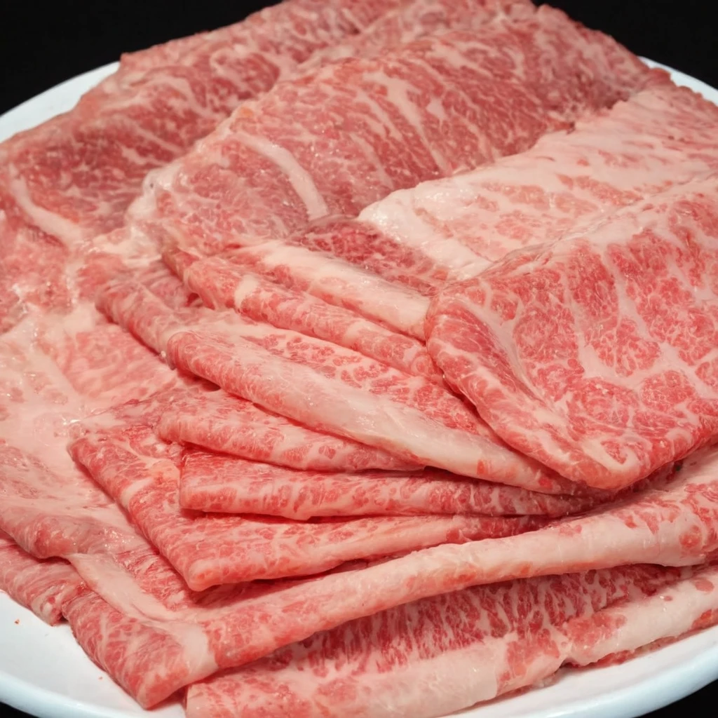 An enticing stack of premium Japanese Wagyu beef slices, meticulously arranged for hot pot, bathed in a focused ambient light that accentuates the meat's surface. This light should make the intricate patterns of fat within the Wagyu shimmer, emphasizing its luxury and enhancing its realism. The Wagyu's signature marbling should glisten under the light, reflecting its rich oil content. The color of the beef should be a deep, vibrant pinkish-red, with heightened saturation and contrast to make it pop. The plate, elegant and understated, should serve as a foundation for the towering Wagyu slices. The photograph's quality should be of high resolution, capturing the depth and height of the stacked Wagyu slices, emphasizing their volume and abundance,