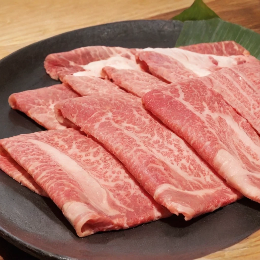 An enticing stack of premium Japanese Wagyu beef slices, meticulously arranged for hot pot, bathed in a focused ambient light that accentuates the meat's surface. This light should make the intricate patterns of fat within the Wagyu shimmer, emphasizing its luxury and enhancing its realism. The Wagyu's signature marbling should glisten under the light, reflecting its rich oil content. The color of the beef should be a deep, vibrant pinkish-red, with heightened saturation and contrast to make it pop. The plate, elegant and understated, should serve as a foundation for the towering Wagyu slices. The photograph's quality should be of high resolution, capturing the depth and height of the stacked Wagyu slices, emphasizing their volume and abundance,