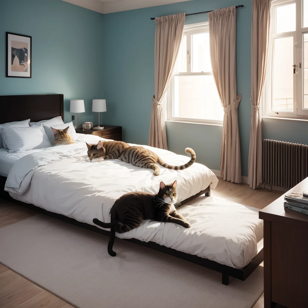a cat laying on a bed in the room