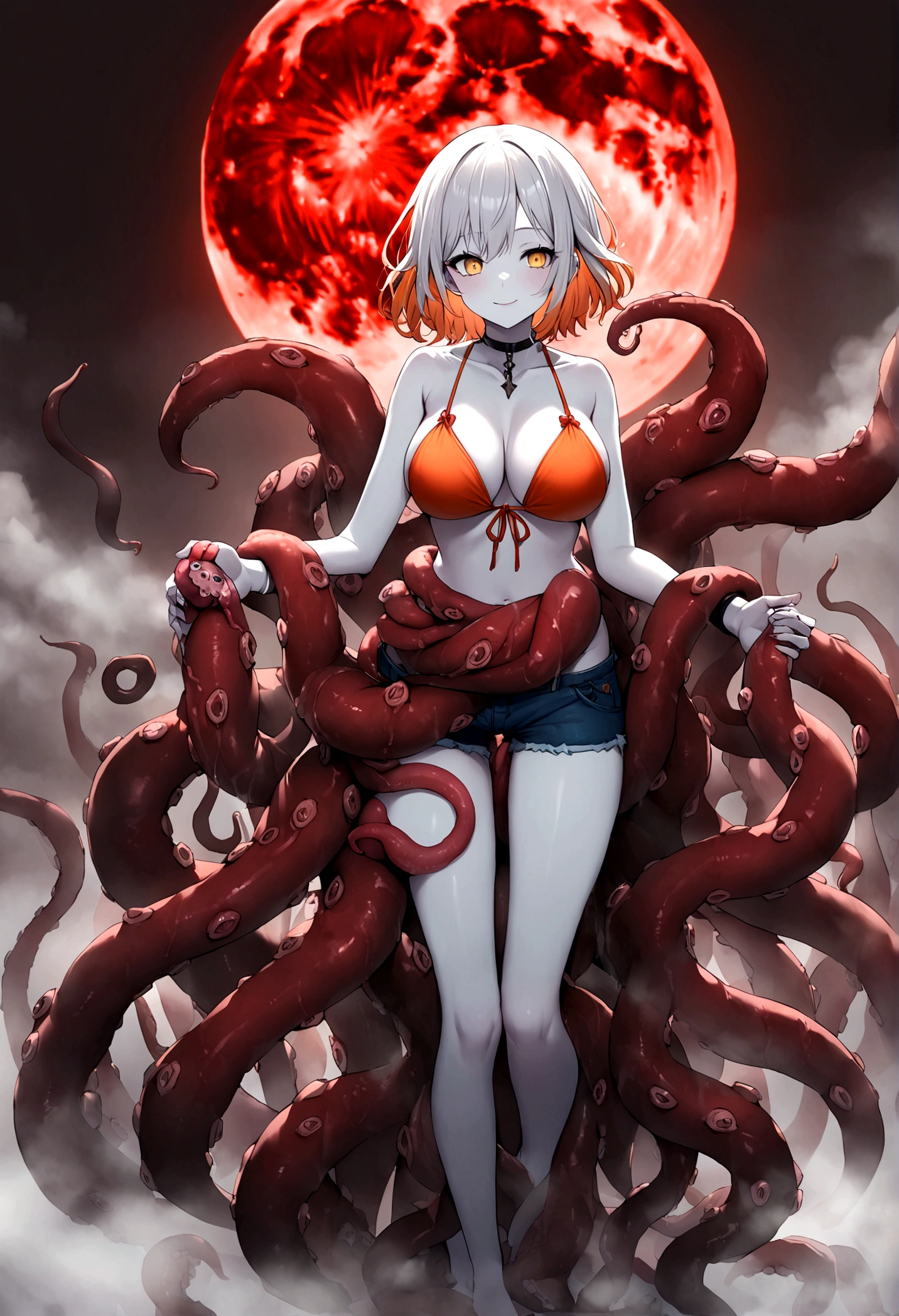 A beautiful anime-style girl with short orange hair,(((detailed)))Yellow Eyes,Transparent hair,short hair,Bright Face,smile,Delightful beautiful girl,(((detailed)))メリハリあるグラマスボディのLori,Lori,Big Breasts,(((detailed)))A beautiful immoral girl in a provocative orange and red bikini,Micro Bikini,Shorts,Pale skin,(((detailed)))Full Body Shot,octopus,Countless tentacles wrapping around the body,Tentacles that wrap around hands, feet, etc.,(((detailed)))fog,Red Moon,Mysterious Flower,Dark Seaside。