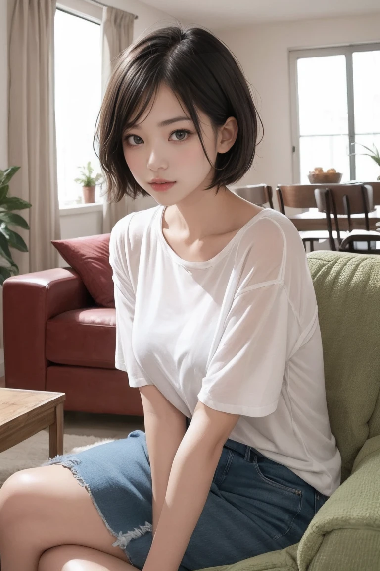 medium shot,living room, japanese lady, pale skin, droopy eyes, 20 year old, bowl cut hair, ((white t-shirts,lowrise blue denim shorts)), ((sitting on the sofa)), high quality:1.3, shoot from below, Professional lighting:2.0 realistic:1.2, 4k resolution, detailed skin, masterpiece:1.1,smile,(tanned skin:1.3),(sunburn tanlines:1.3),(athlete:1.2),(no bra:1.3),(braless),(model pose),