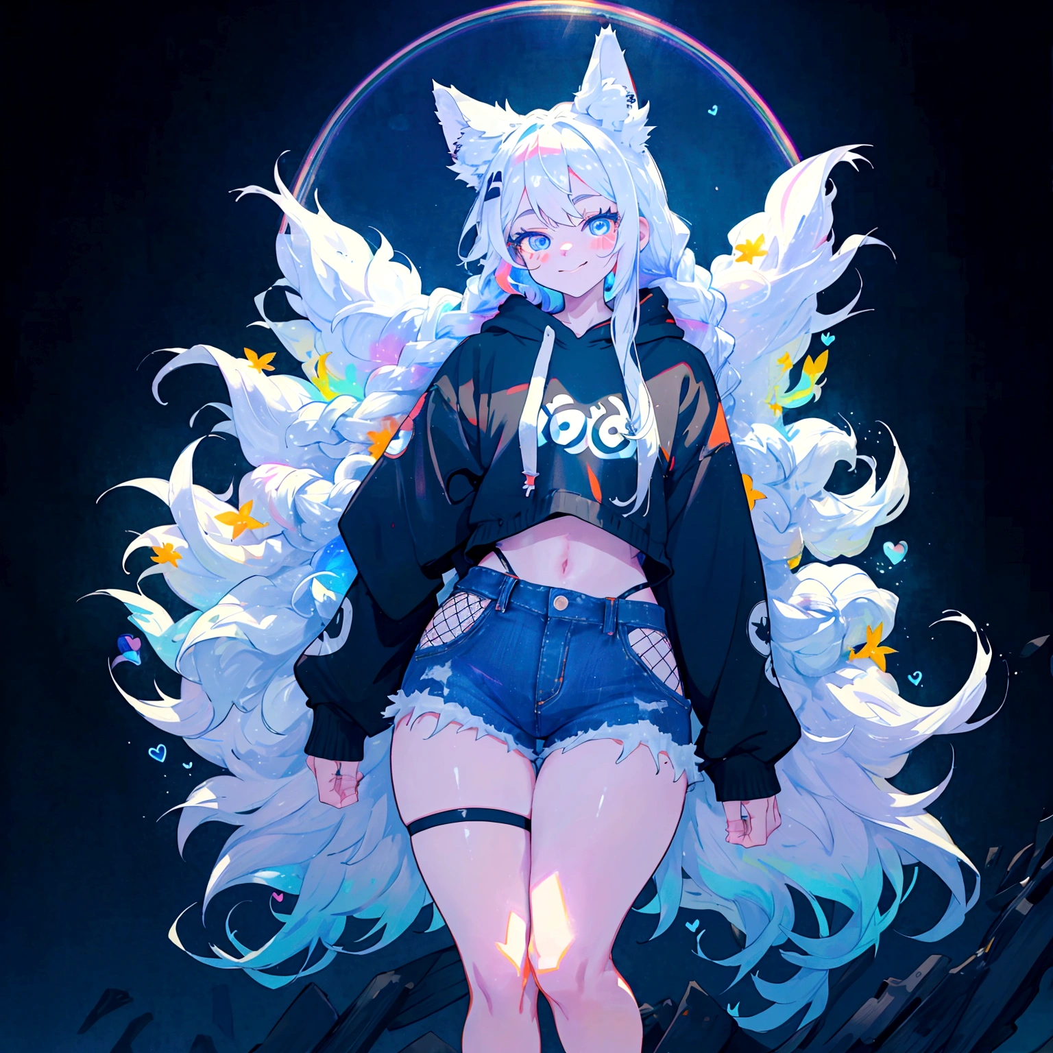 a cute adult male with wolf ears, long white hair, long locks, has a wolf tail, wearing a loose cropped black hoodie, wearing a pair of denim short shorts and fishnet stockings, thick thighs, wide hips, short, very slim, showing slender tummy, heart on hoodie, squishy thighs, has glowing blue eyes. alone, solo (ALONE)(SOLO), surrounded by rainbows, colorful galaxy backround, smiling, ontop of a pile of fluffy plushes, plushies everywhere, kawaii plushies, surrounded by bubbles, surrounded by rainbow leaves, standing up dancing, thicc thighs