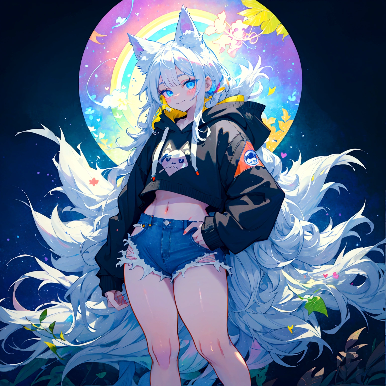 a cute adult male with wolf ears, long white hair, long locks, has a wolf tail, wearing a loose cropped black hoodie, wearing a pair of denim short shorts and fishnet stockings, thick thighs, wide hips, short, very slim, showing slender tummy, heart on hoodie, squishy thighs, has glowing blue eyes. alone, solo (ALONE)(SOLO), surrounded by rainbows, colorful galaxy backround, smiling, ontop of a pile of fluffy plushes, plushies everywhere, kawaii plushies, surrounded by bubbles, surrounded by rainbow leaves, standing up dancing, thicc thighs