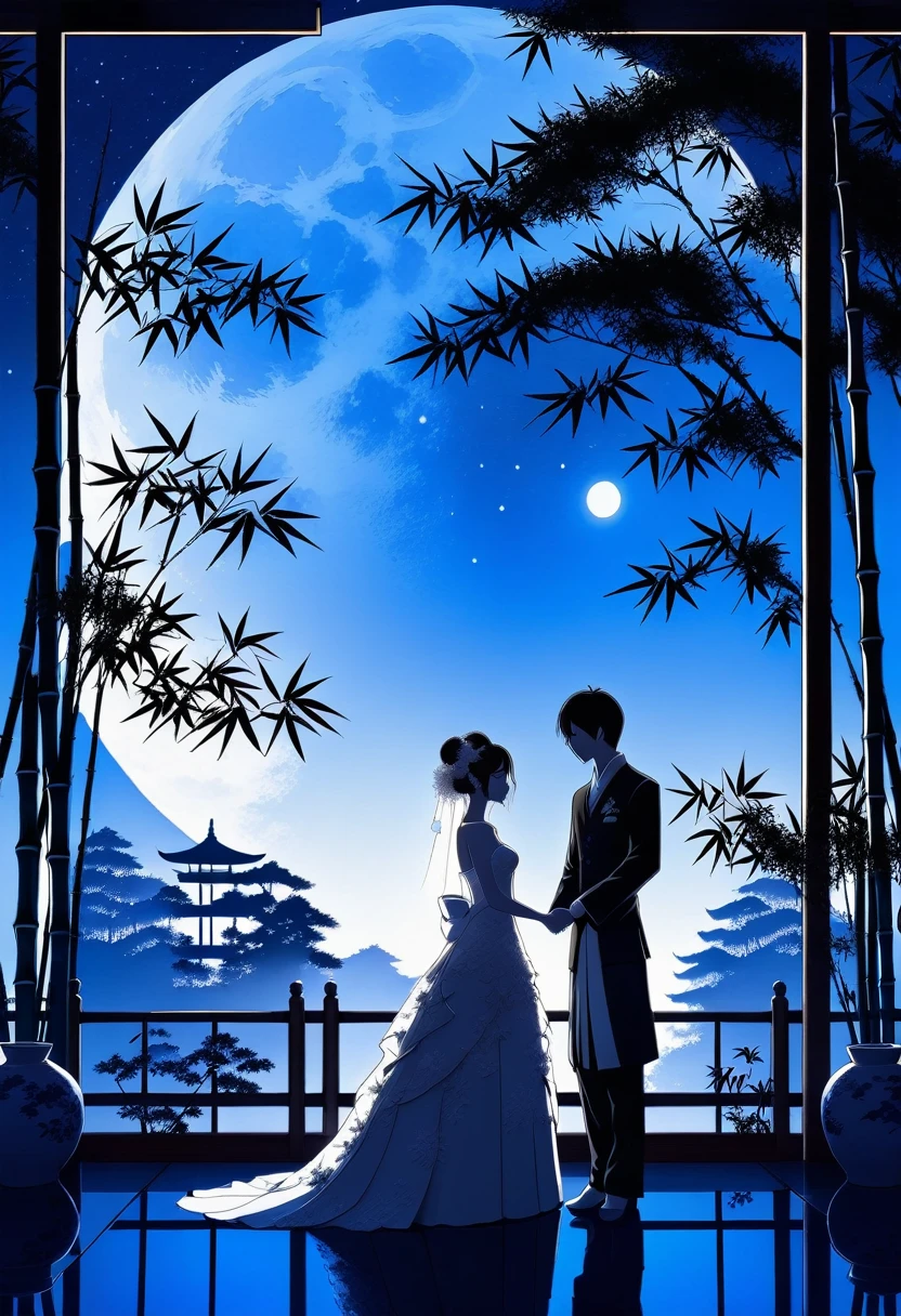 ((Silhouette Art)), 1Bridal Clothing, (Double contact:1.3), Weddings at the restaurant overlooking a Japanese garden surrounded by bamboo trees, Blue Moon, (close up), promote, complicated, (best quality, masterpiece, representative work, Official Art, professional, Unity 8k wallpaper:1.3)