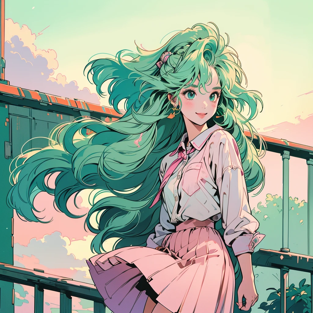 whole body、Cheerful face、smile、One high school girl、White shirt、skirt、Pedestrian bridge、Skyscraper、sunset、Complex background、Detailed Hair、Light green hair with pink inner color、Wavy Hair、Gradient Hair、Green Hair、Side braids、hair like clouds、Soft Hair、Two Side Up Hair、Faint lighting、There is movement、Lively and active、Gold hair clip、loose socks、チェック柄skirt、holding a paper cup of coffee、