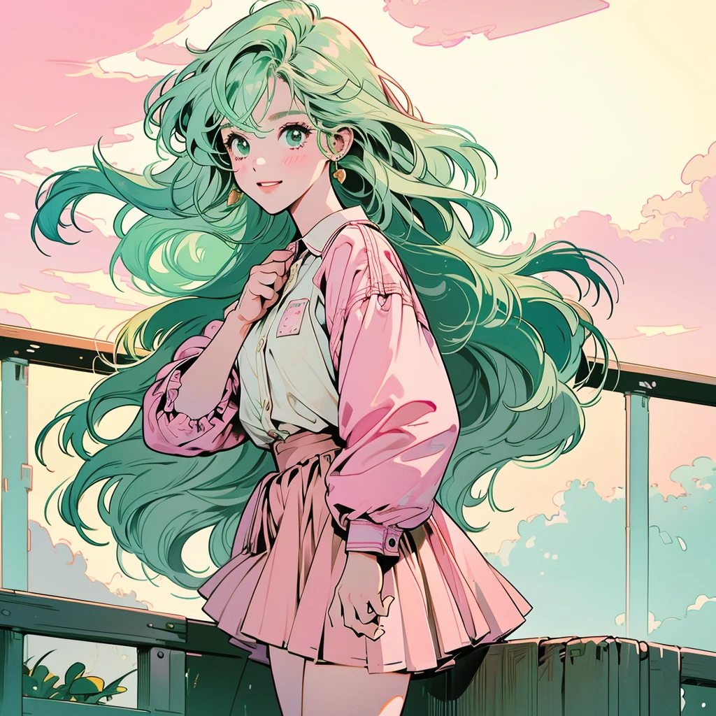 whole body、Cheerful face、smile、One high school girl、White shirt、skirt、Pedestrian bridge、Skyscraper、sunset、Complex background、Detailed Hair、Light green hair with pink inner color、Wavy Hair、Gradient Hair、Green Hair、Side braids、hair like clouds、Soft Hair、Two Side Up Hair、Faint lighting、There is movement、Lively and active、Gold hair clip、loose socks、チェック柄skirt、holding a paper cup of coffee、