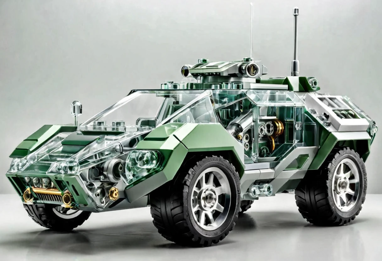 solid light grey background, Green and white transparent mechanical armored vehicle , Complex and sophisticated internal structure,  (Well-designed, High Detail, masterpiece, best quality, Ultra HD, Sharpen details)