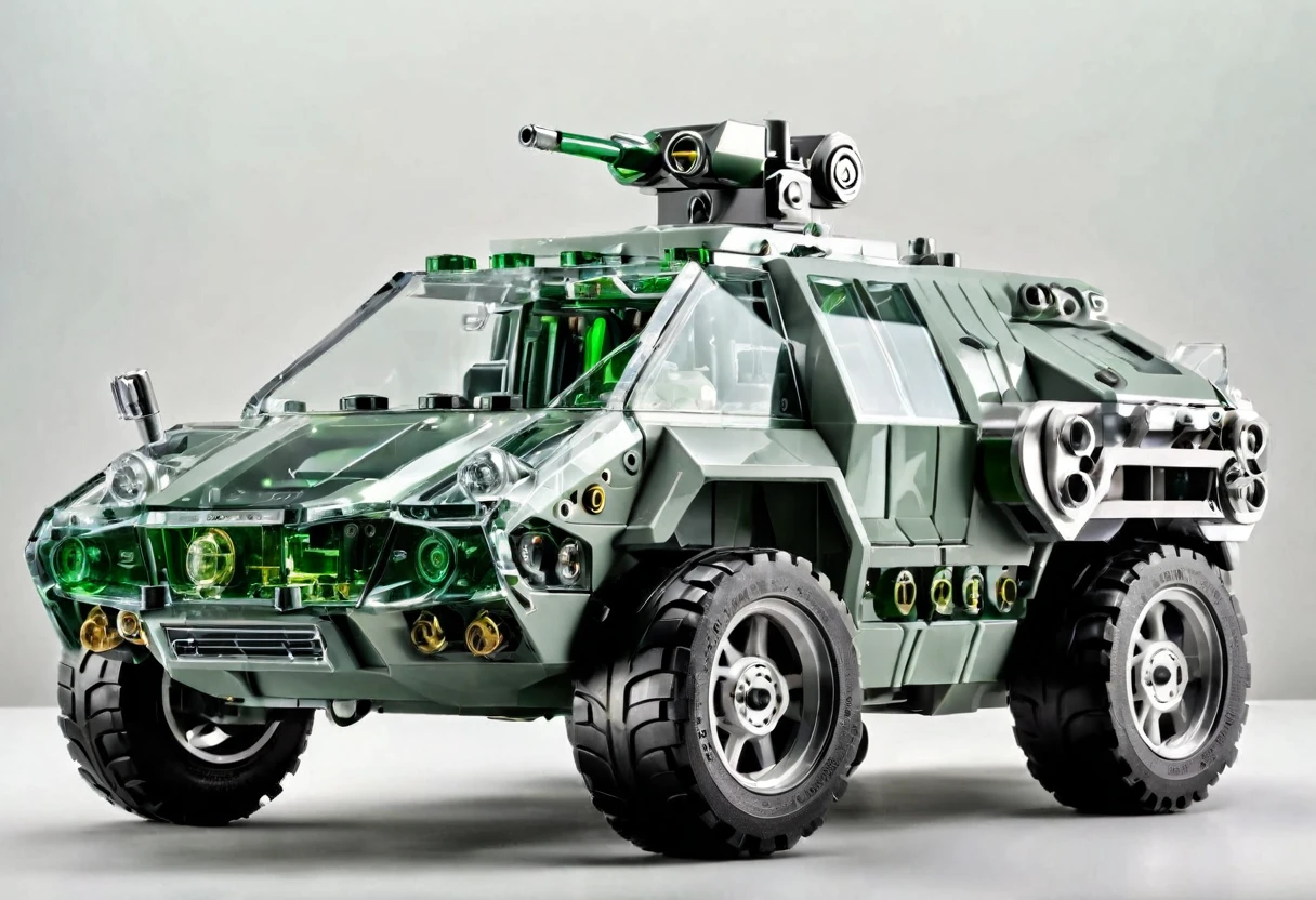 solid light grey background, Green and white transparent mechanical armored vehicle , Complex and sophisticated internal structure,  (Well-designed, High Detail, masterpiece, best quality, Ultra HD, Sharpen details)