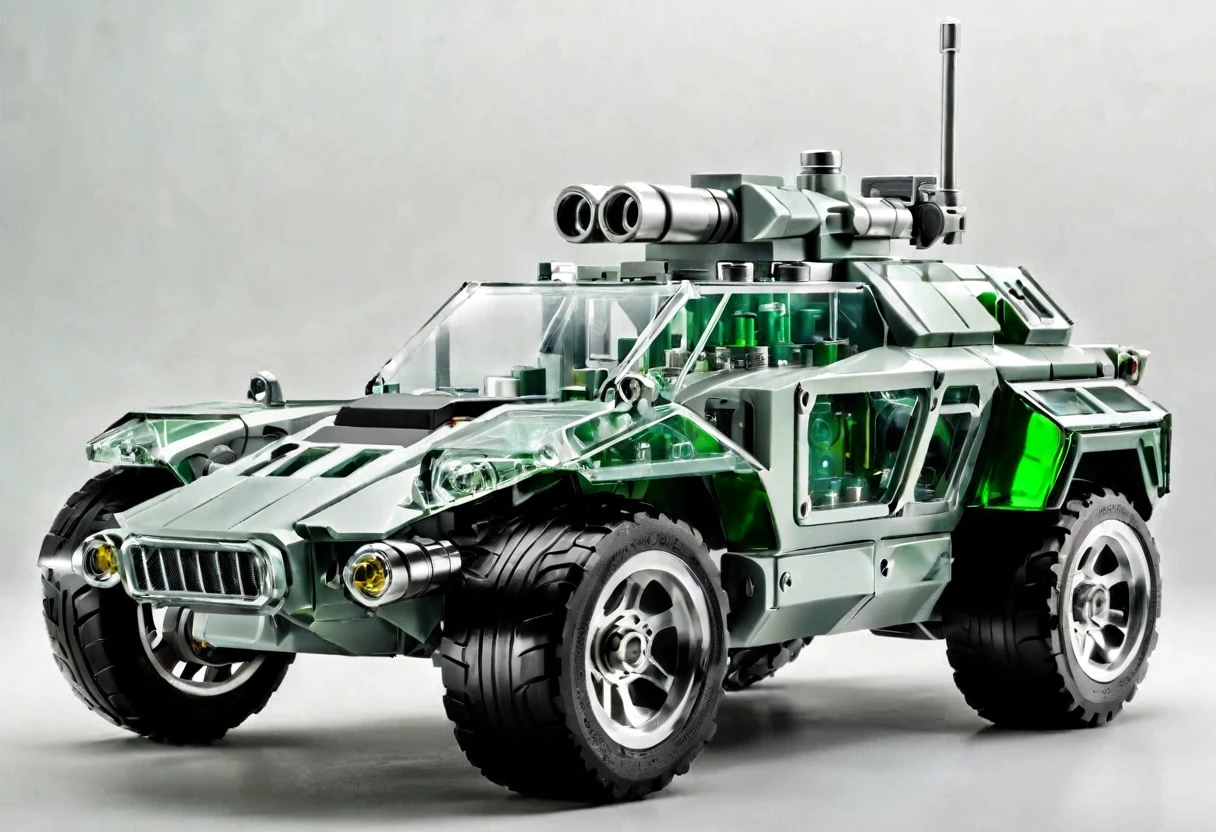 solid light grey background, Green and white transparent mechanical armored vehicle , Complex and sophisticated internal structure,  (Well-designed, High Detail, masterpiece, best quality, Ultra HD, Sharpen details)
