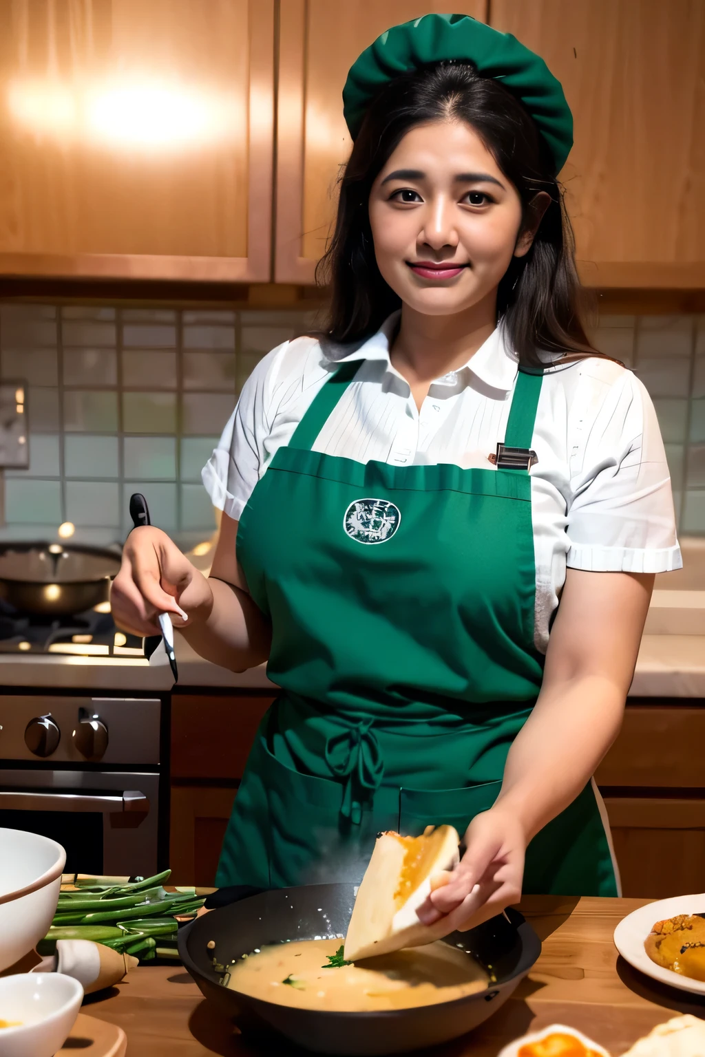 (highres,masterpiece:1.2),ultra-detailed,realistic,photorealistic:1.37,beautiful detailed eyes,beautiful detailed lips,extremely detailed eyes and face,long eyelashes,1girl,cooking,traditional kitchen,wooden stove,flames,apron,chef hat,focused expression,steam,cookbook,spices,sliced vegetables,whisking,smell of delicious food,preparing a feast,culinary art,delicious aromas,creamyy cheese sauce,steaming pots and pans,prep table,wholesome ingredients,elaborate dish presentation,plating,table setting,appetizing colors,culinary masterclass,love for cooking,passion,aroma-filled kitchen,dinner in progress,culinary journey,creating a masterpiece