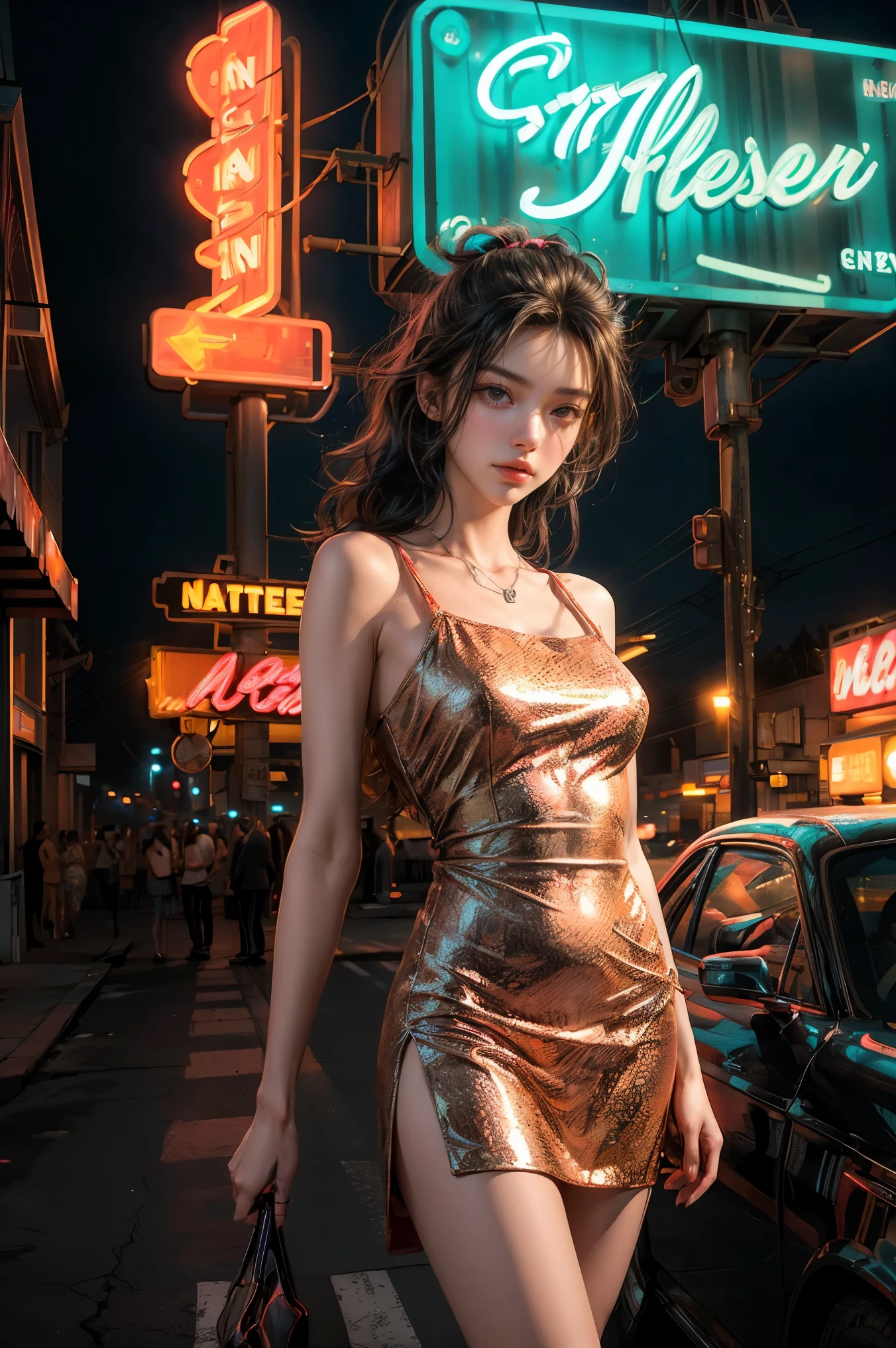 ((masterpiece, best quality, Best image quality, high resolution, realistic, raw photo, 8K)), Araped view of motel with cars parked in front, with neon sign, Woman waiting for guests in front of motel, Temptation, short dress and high heels, route 66, neon sign, 1 9 5 0 Second Americana Tourism, some have neon sign, Neon Lights Outside, neon advertising, gigantic neon sign, neon stores, few neon sign, neon sign in background,