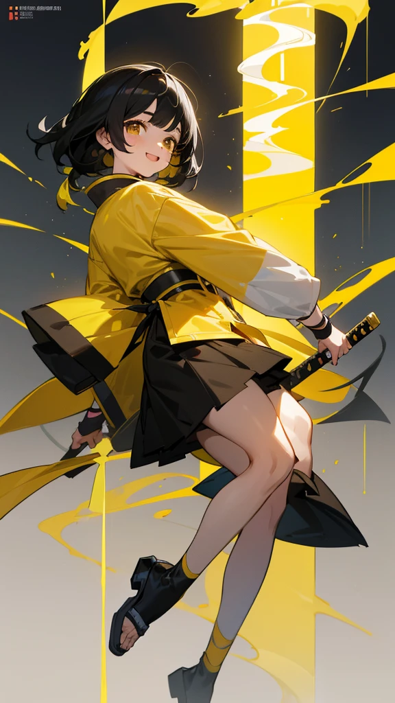 She is 11 years old, she is the pillar of lightning, her haori is yellow with black and white, black hair with a yellow streak and her katana is yellow, she has yellow and white stockings, she is happy and will be called sarami at the same time, trans, she is like a man.