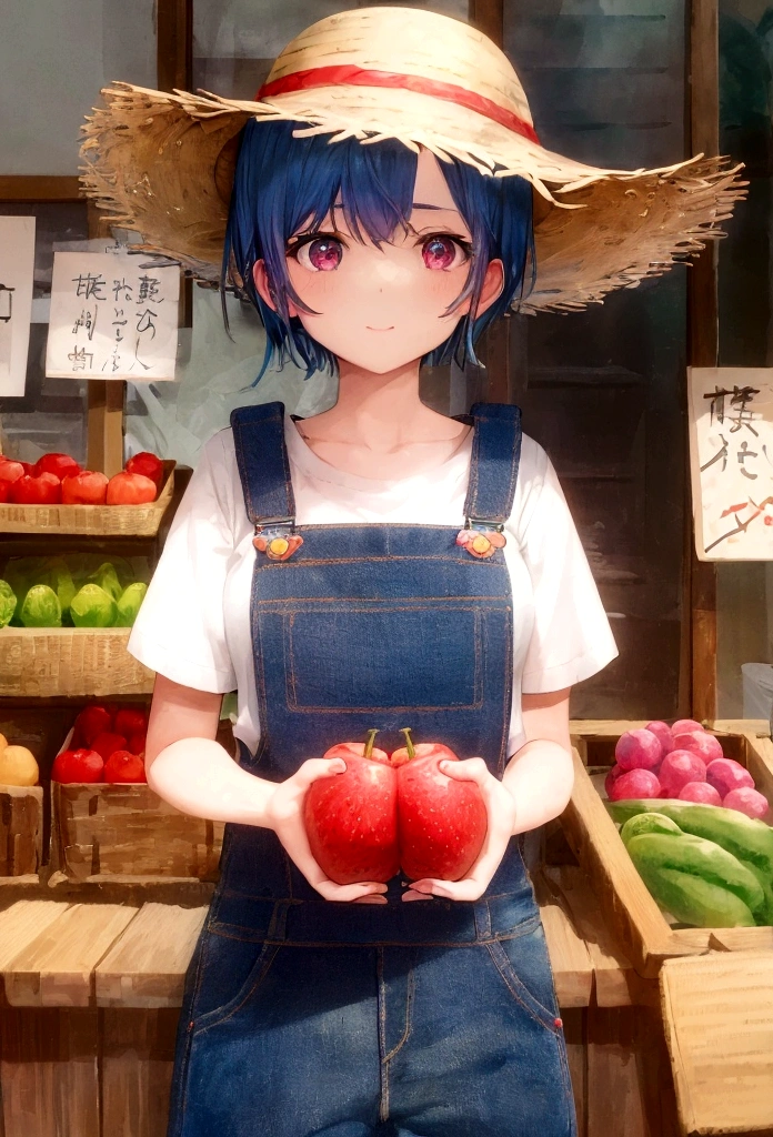Hashimoto Kannasi、Upper Body、Straw hat、Denim overalls、Blue-haired shorthair、Red Eyes、The background is a fruit and vegetable shop