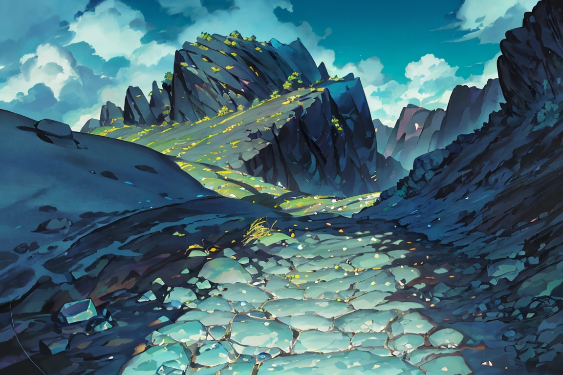 summer, rocky area, rock formation, diamond rock, diamonds stuck on the floor (illustration : 1.0), Narrative construction, realistic lighting, HD detail, masterpiece, best quality best, (Highly detailed CG integrated 8k wallpaper), rocky area, diamond pillar, diamond rocks