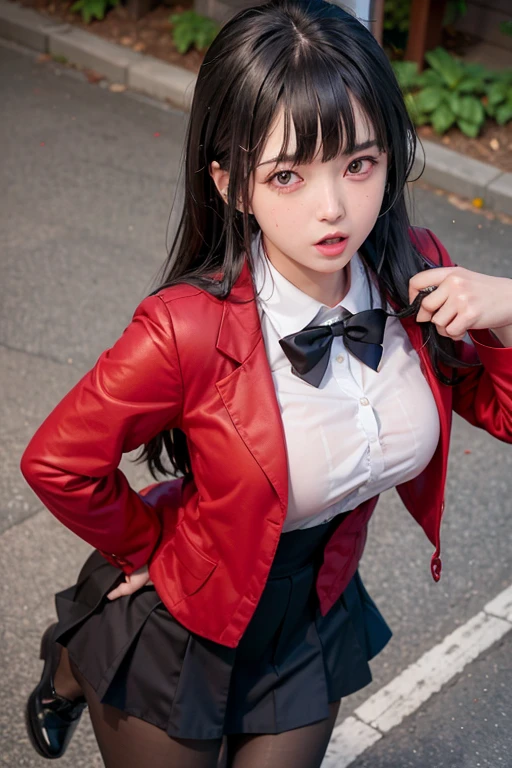 school girl was sprayed with water , school girl Was sprayed with water , jk school girl in tropical rainforest , steam , waistband of skirt is at the point above chest , Tight shirt , white Shirt , school girl , skirt under breasts , skirt is near breasts area , skirt is adjacent to the chest , jabami yumeko, black hair, long hair, blunt bangs , red jacket, shirt, black skirt , big breasts , pikkyyumeko pikkyyumeko, 1girl, solo, looking at viewer, black hair, bangs, blunt bangs, long hair, very long hair, hime cut, red eyes, glowing eyes, breasts, large breasts, , shirt, red jacket, jacket, white shirt, collared shirt, lips, blazer, black pantyhose, mary janes, full body , red knot , red bow