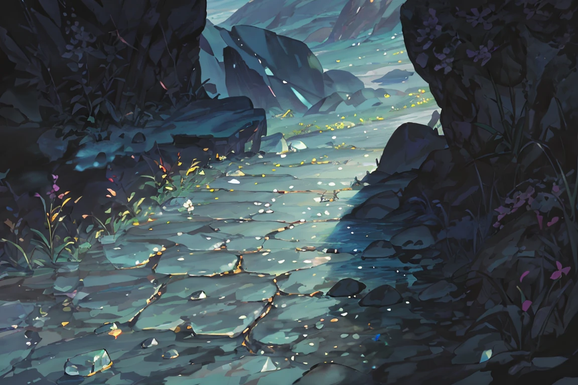summer, rocky area, rock formation, diamond rock, diamonds stuck on the floor (illustration : 1.0), Narrative construction, realistic lighting, HD detail, masterpiece, best quality best, (Highly detailed CG integrated 8k wallpaper), rocky area, diamond pillar, diamond rocks