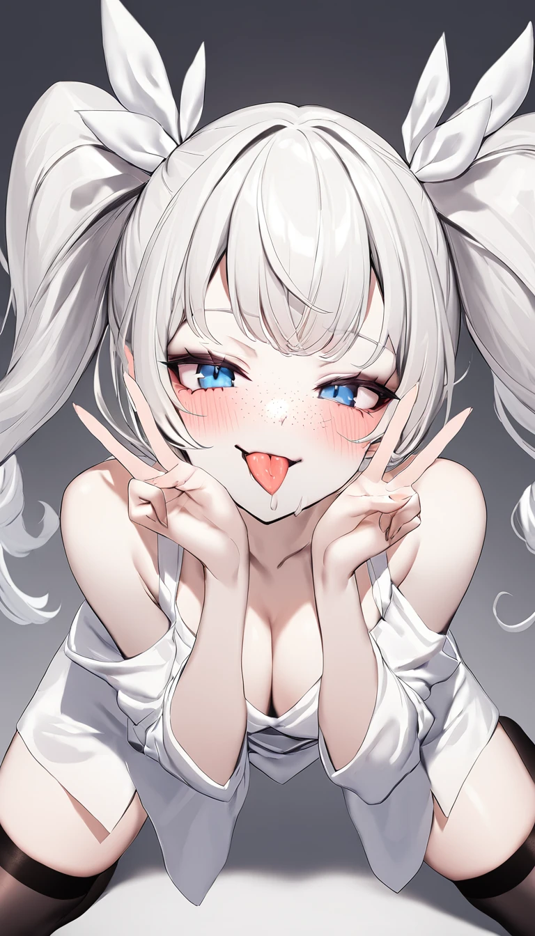 1 Girl, White Baggy Shirt, Black Short Skirt, Black Nylon Thigh High Stockings, Medium Breasts, Blue Eyes, Platinum White Hair, Twin Tail Hair Style, Pale White Skin, Smooth Skin, Face Freckles, Nice Cleavage, Slutty, Sexy, Sassy, Smirking, Tease, Teasing, Close Up, Upper Body Shot, Giving Peace Signs With Hands Near Face, Head Tilted to the Side, Tongue Out, Drooling, Lewd Face, Blushing Hard, Kneeling,