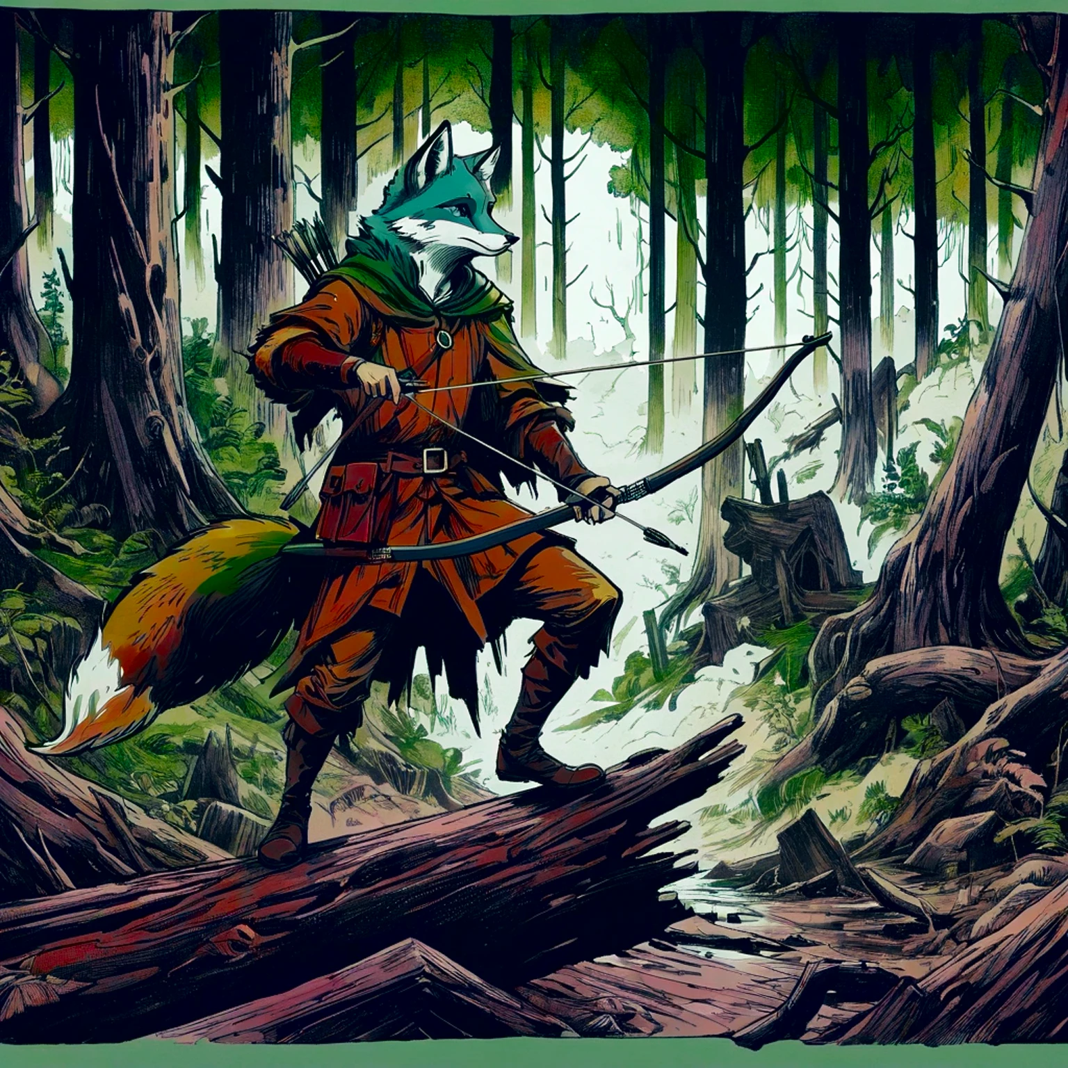 fox robin hood, Archer, animated, hand drawn, rotoscope, cinematic, expressive, ink style figure, apocalyptic russian dense forest, VHS, glitch, distorted, nostalgia, 90's retro vibes, analog tape, vcr aesthetics, tv, television, hand drawn, (full roygbiv color) ink charcoal expressive illustration, no light source, darkness, light mask uv rays across face, splash page