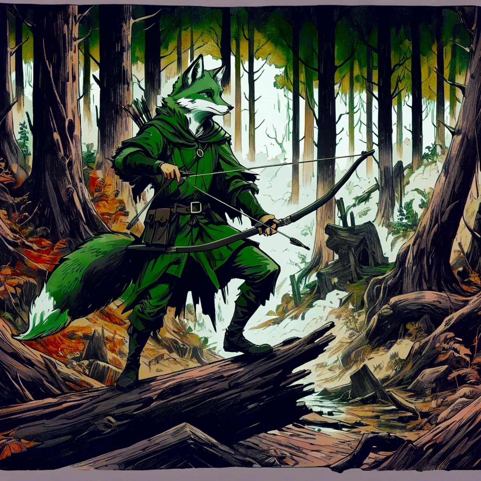 fox robin hood, Archer, animated, hand drawn, rotoscope, cinematic, expressive, ink style figure, apocalyptic russian dense forest, VHS, glitch, distorted, nostalgia, 90's retro vibes, analog tape, vcr aesthetics, tv, television, hand drawn, (full roygbiv color) ink charcoal expressive illustration, no light source, darkness, light mask uv rays across face, splash page