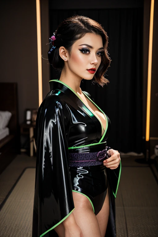 E-Girls_Mansion_Blackee standing in her streamer room, neon lights, gamer room, perfect hair, egirl makeup, modern photo, (wearing a black kimono, latex:1.4), 24mm, (analog, cinematic, film grain:1.3), , beautiful slim sexy woman, ((detailed eyes)), ((long eyelashes)), (epicPhoto), long eyelashes, (glossy lips),
