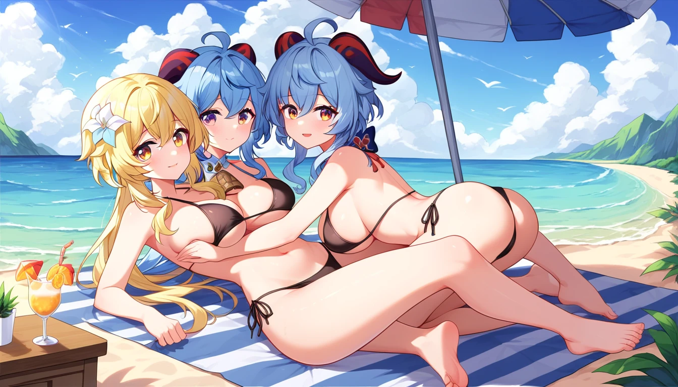 ((2girls:1.3)), ((moe style:1.3)), ganyu (genshin impact), lumine (genshin impact), full body, ((beach:1.3)), cafe, ((perfect face)), ((extremely cute:1.3)), ((masterpiece:1.3)), ((8k)), ((best quality:1.3)), ((beautiful)), ((extremely detailed:1.3)) , ((absurdres)), AddXL, ((score_9:1.3)), ((score_8_up:1.3)), ((score_7_up:1.3))