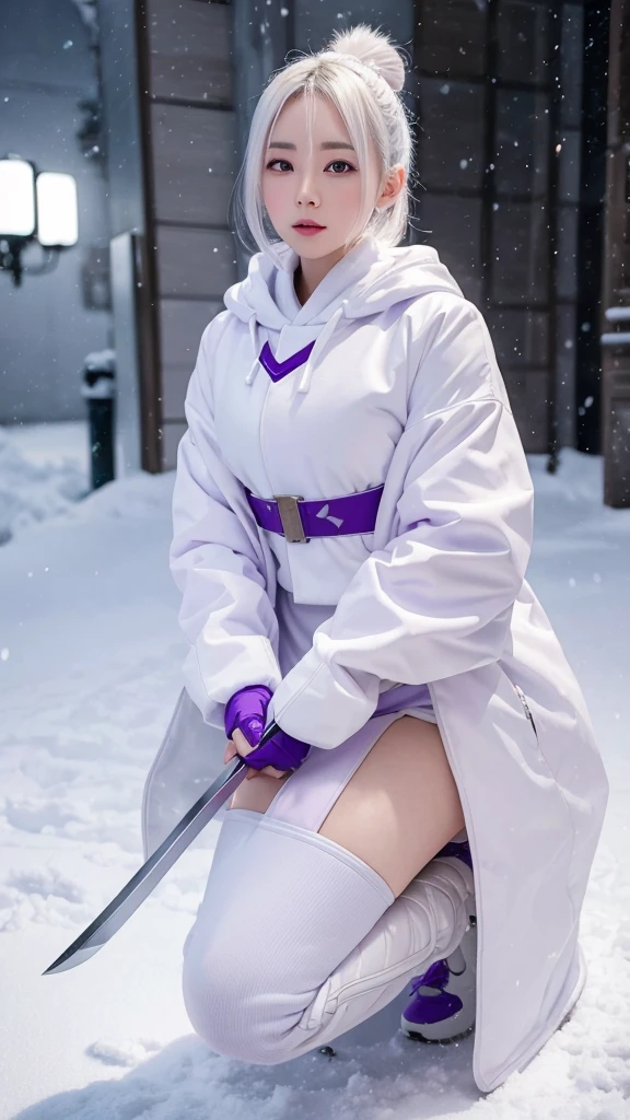 traditional asian goddess girl, white hair, with a violet and mauve futuristic and technological armor, Long coat, beautiful Hoodie, Gloves, Boots, is kneeling on the ground with a sword in her hand, snow background, detailed, realistic, 4k, cinematic.