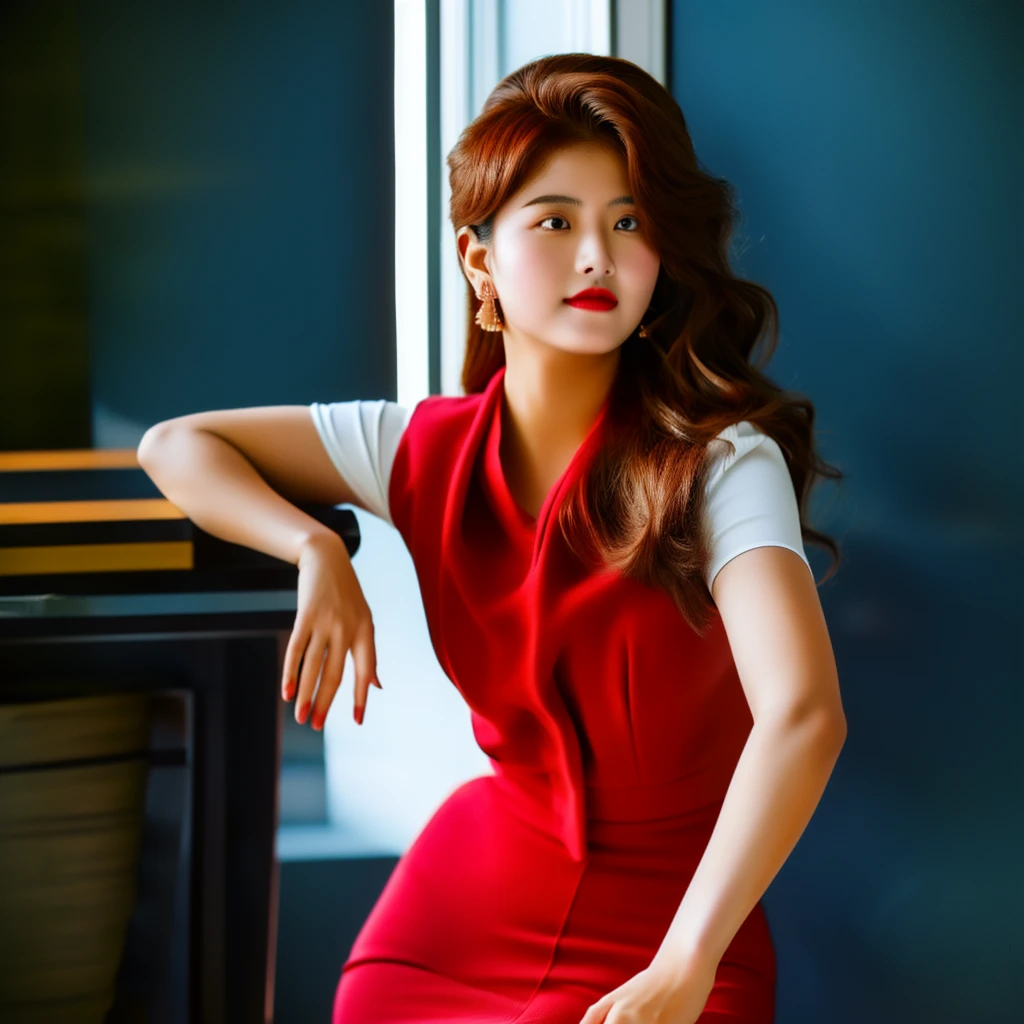 Woman in office dress leaning against red fire hydrant, wearing vest, wearing black modern clothes, cindy avelino, modern darna portrait, ,nivanh chanthara,