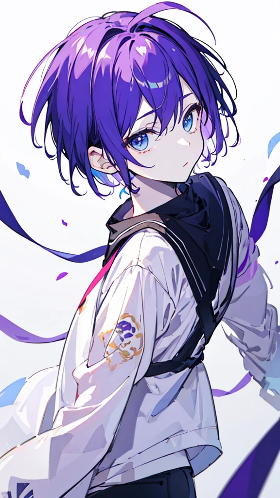 ((Highest quality)), ((masterpiece)), ((1 person)),Perfect Face、male、Purple hair color、Light blue eyes、Very short hair、vocal、pale colour、whole body、Simple clothes、look back