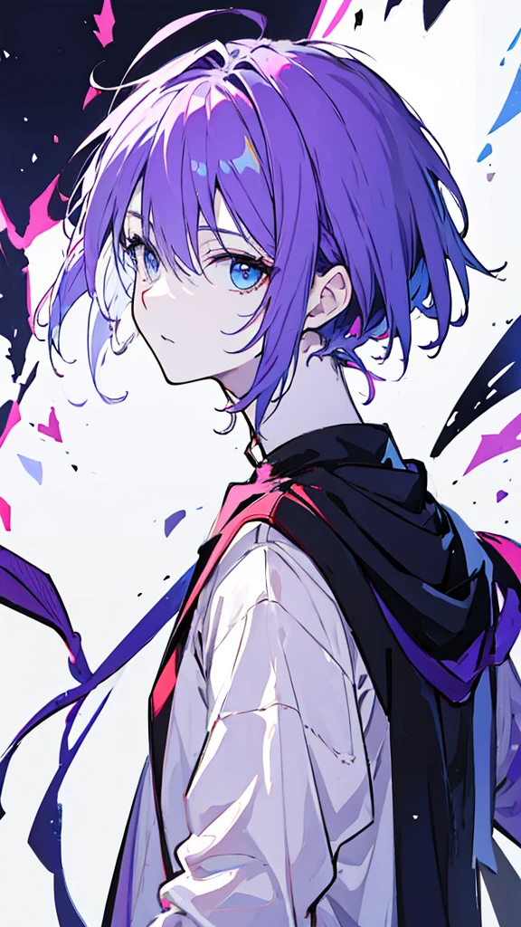 ((Highest quality)), ((masterpiece)), ((1 person)),Perfect Face、male、Purple hair color、Light blue eyes、Very short hair、vocal、pale colour、whole body、Simple clothes、look back