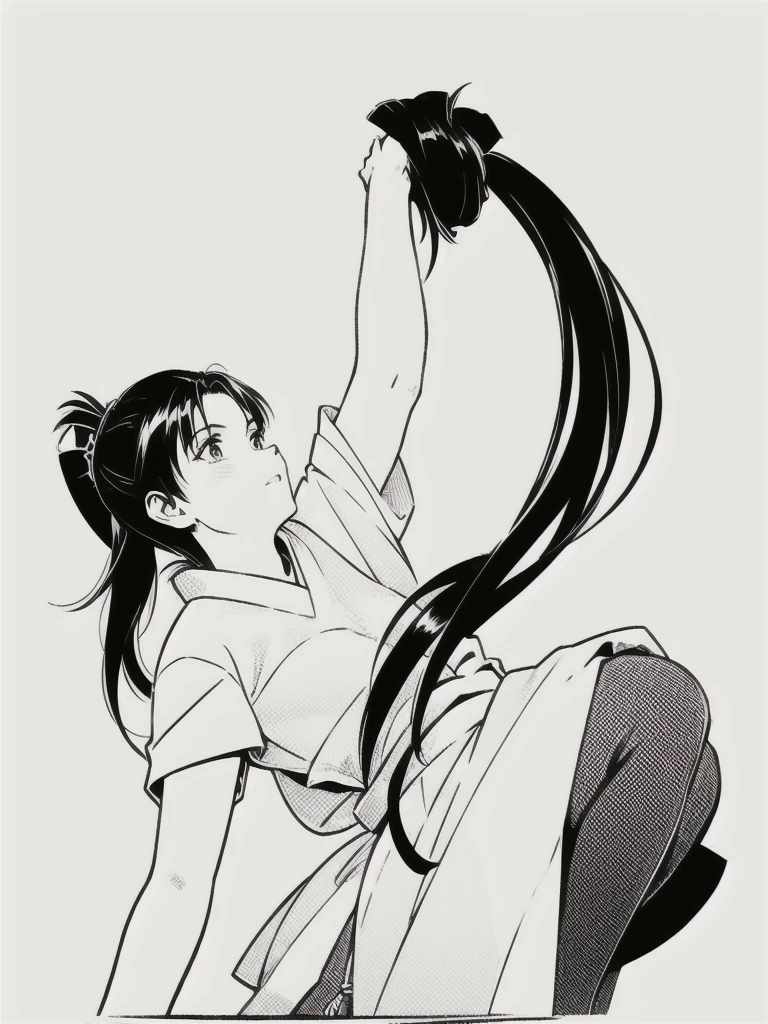 (masterpiece, best quality:1.2), 1girl, solo, 1girl, athletic body, long legs, long hair tied in ponytail with bowhair, black and white drawing, lineart, intricate details, ultra detailed, masterpiece, 